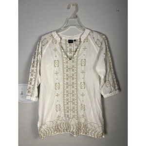 Women's BLUE Saks Fifth Avenue Top Size M White Gold Embroidered